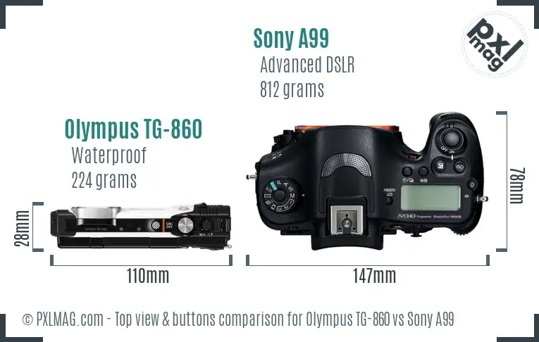 Olympus TG-860 vs Sony A99 top view buttons comparison