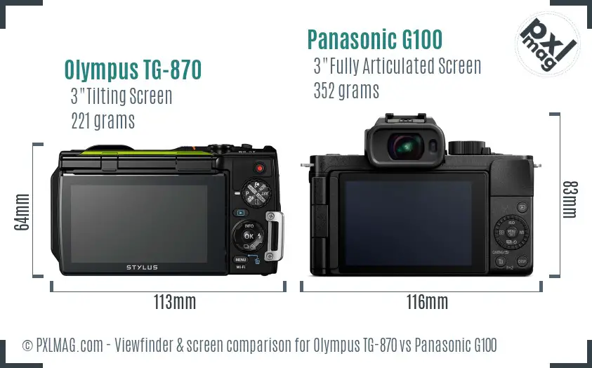 Olympus TG-870 vs Panasonic G100 Screen and Viewfinder comparison