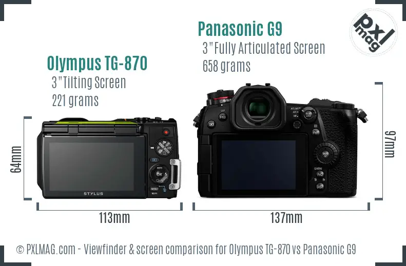 Olympus TG-870 vs Panasonic G9 Screen and Viewfinder comparison