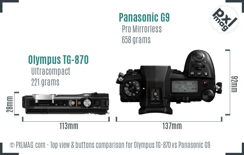 Olympus TG-870 vs Panasonic G9 top view buttons comparison