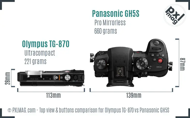 Olympus TG-870 vs Panasonic GH5S top view buttons comparison