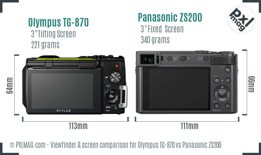 Olympus TG-870 vs Panasonic ZS200 Screen and Viewfinder comparison
