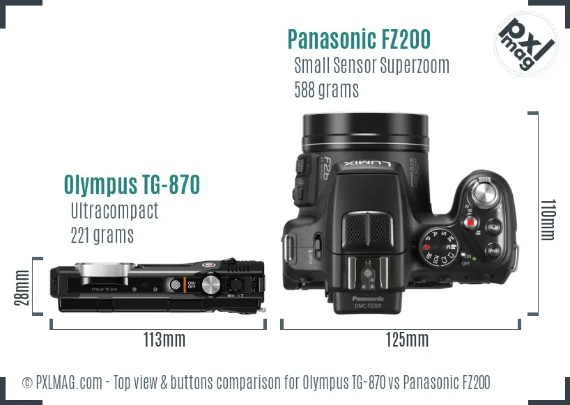 Olympus TG-870 vs Panasonic FZ200 top view buttons comparison