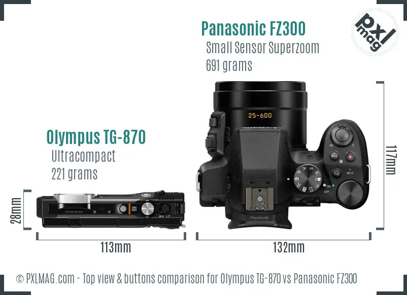 Olympus TG-870 vs Panasonic FZ300 top view buttons comparison Olympus TG-870 vs Panasonic FZ300 top view buttons comparison