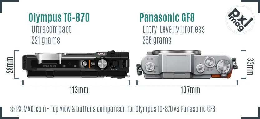 Olympus TG-870 vs Panasonic GF8 top view buttons comparison Olympus TG-870 vs Panasonic GF8 top view buttons comparison