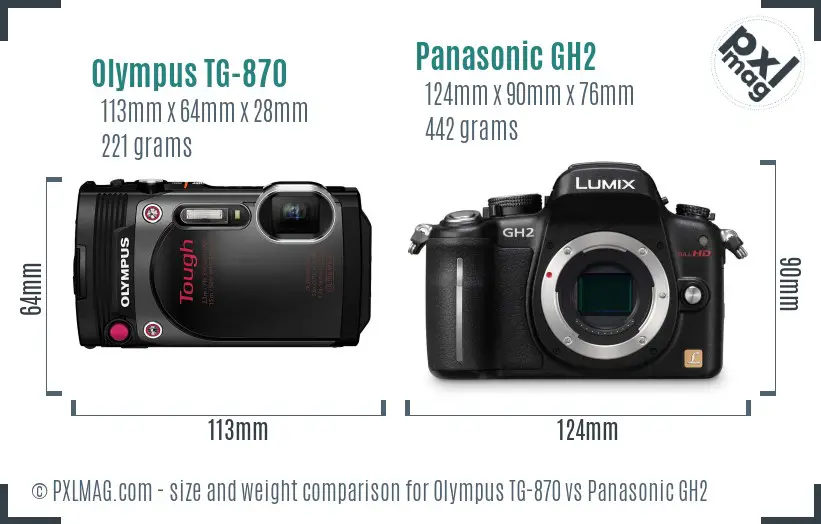 Olympus TG-870 vs Panasonic GH2 size comparison