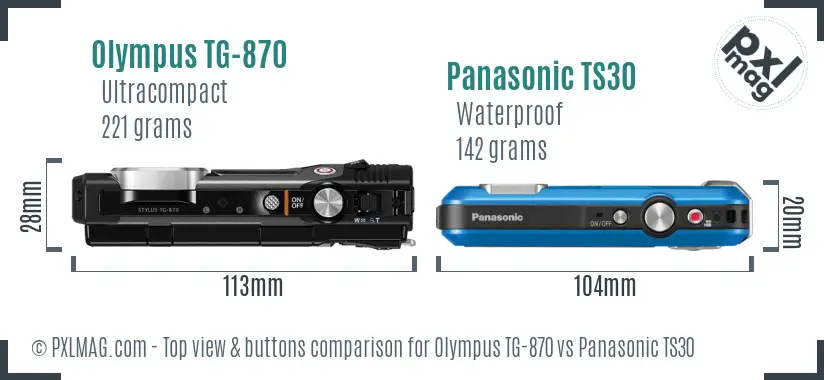 Olympus TG-870 vs Panasonic TS30 top view buttons comparison