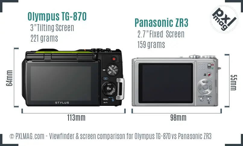Olympus TG-870 vs Panasonic ZR3 Screen and Viewfinder comparison