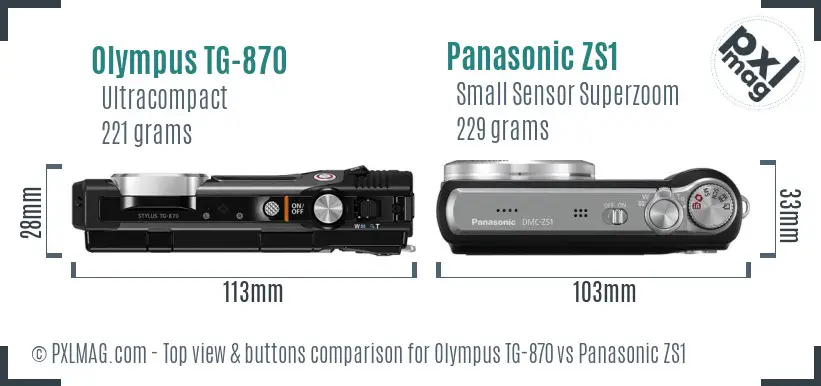 Olympus TG-870 vs Panasonic ZS1 top view buttons comparison