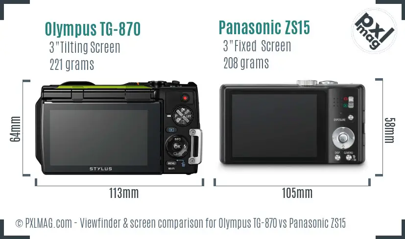 Olympus TG-870 vs Panasonic ZS15 Screen and Viewfinder comparison