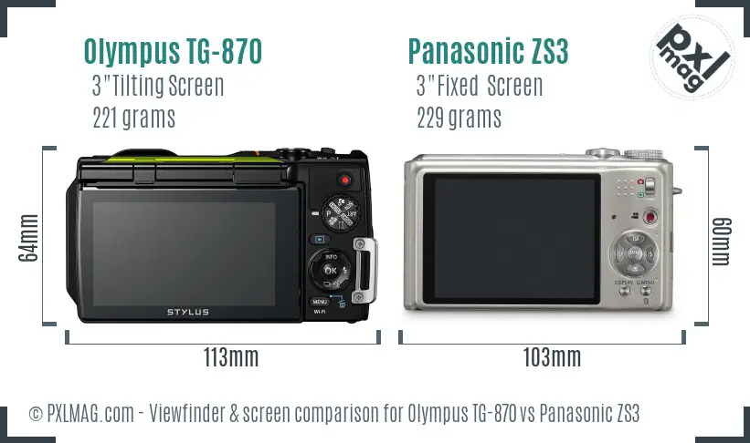 Olympus TG-870 vs Panasonic ZS3 Screen and Viewfinder comparison