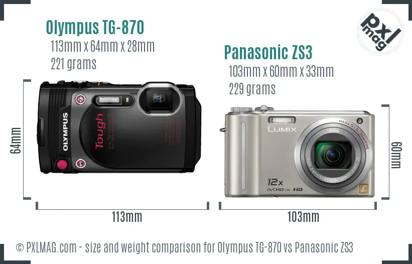 Olympus TG-870 vs Panasonic ZS3 size comparison