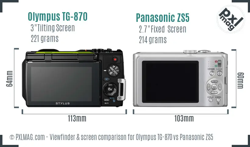 Olympus TG-870 vs Panasonic ZS5 Screen and Viewfinder comparison