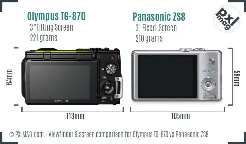 Olympus TG-870 vs Panasonic ZS8 Screen and Viewfinder comparison