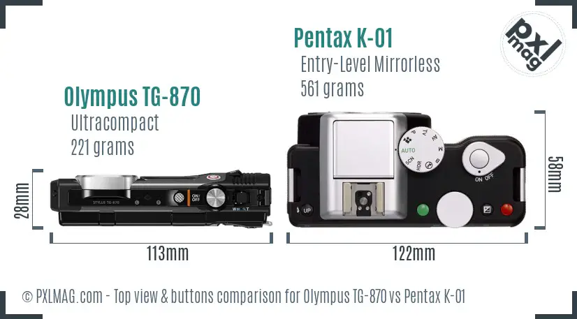Olympus TG-870 vs Pentax K-01 top view buttons comparison