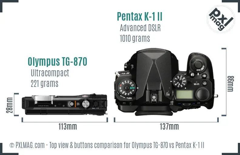 Olympus TG-870 vs Pentax K-1 II top view buttons comparison