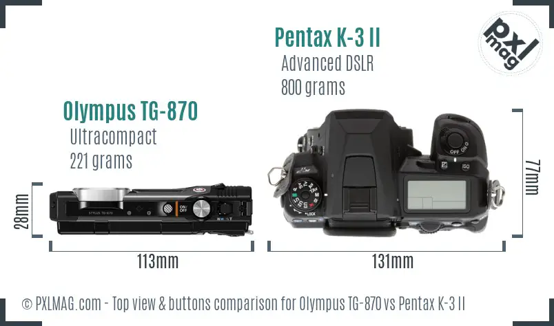 Olympus TG-870 vs Pentax K-3 II top view buttons comparison