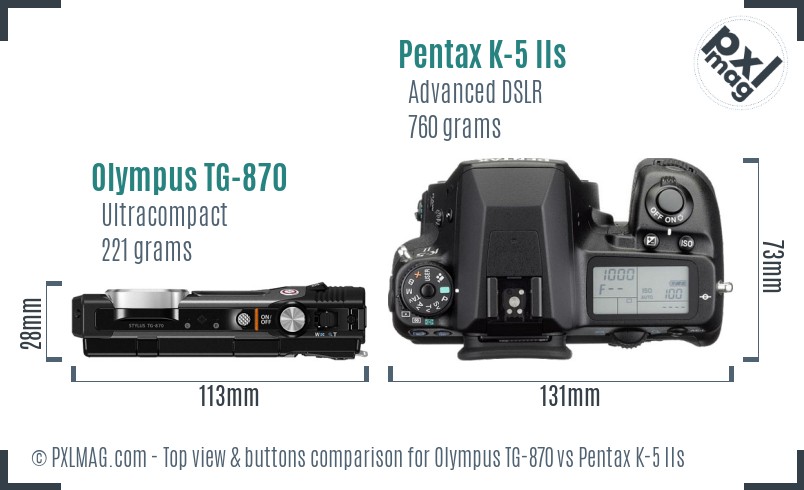 Olympus TG-870 vs Pentax K-5 IIs top view buttons comparison