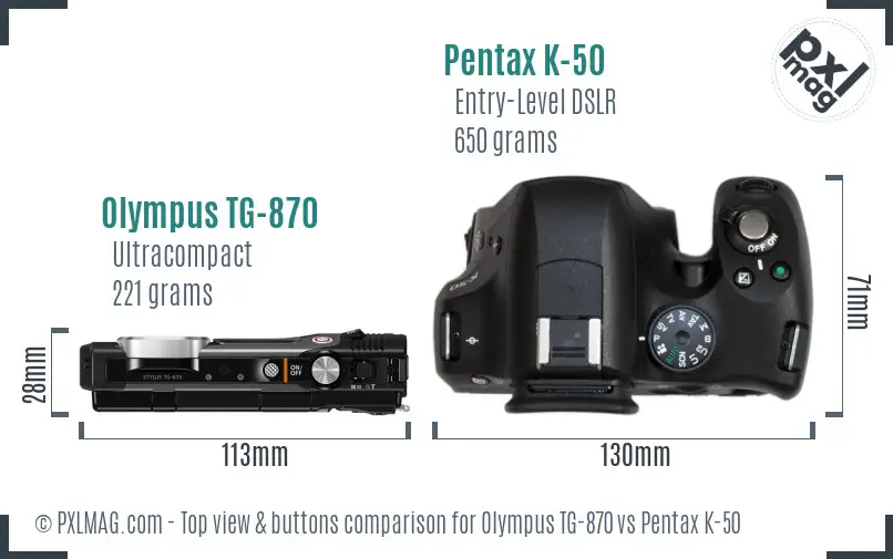 Olympus TG-870 vs Pentax K-50 top view buttons comparison