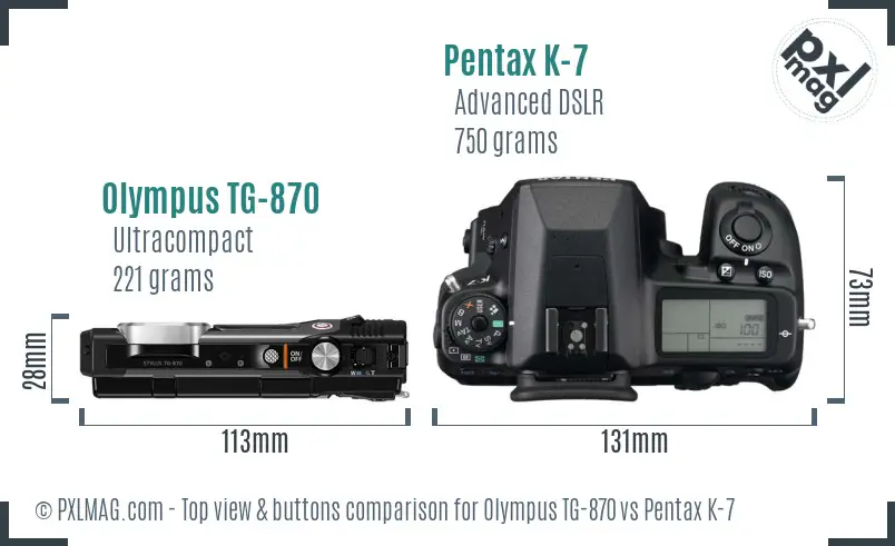 Olympus TG-870 vs Pentax K-7 top view buttons comparison Olympus TG-870 vs Pentax K-7 top view buttons comparison