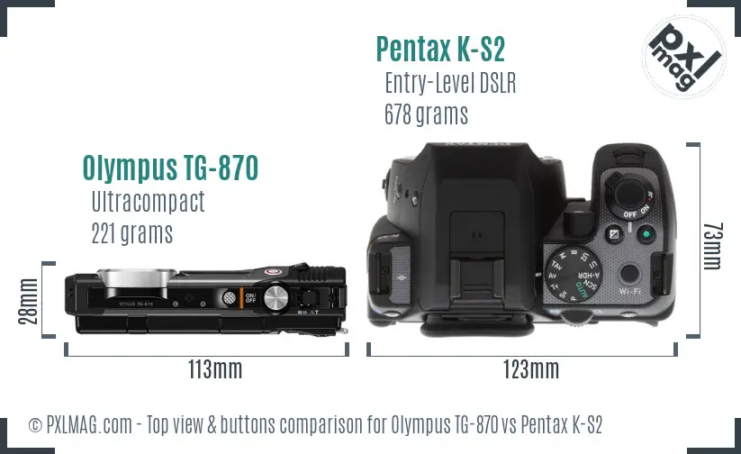 Olympus TG-870 vs Pentax K-S2 top view buttons comparison