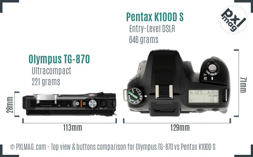 Olympus TG-870 vs Pentax K100D S top view buttons comparison
