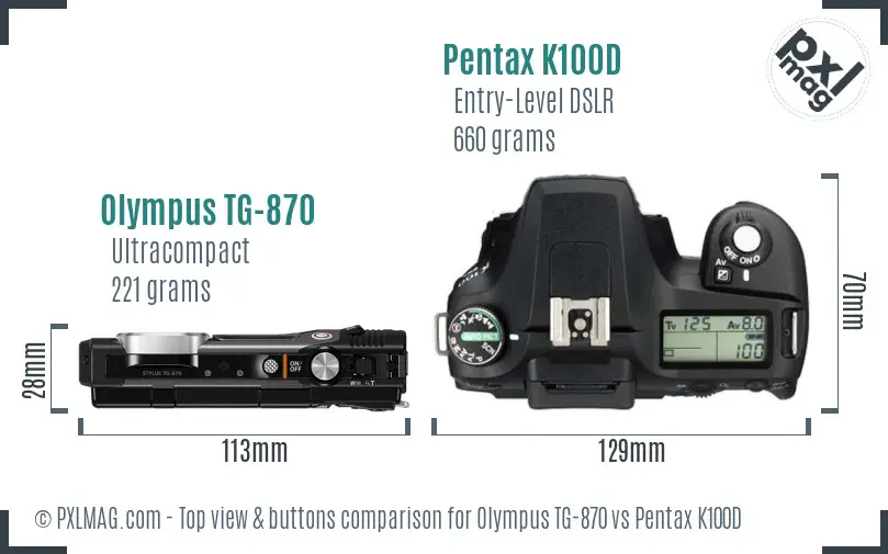 Olympus TG-870 vs Pentax K100D top view buttons comparison