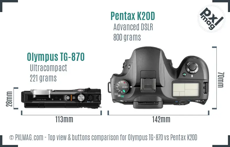 Olympus TG-870 vs Pentax K20D top view buttons comparison