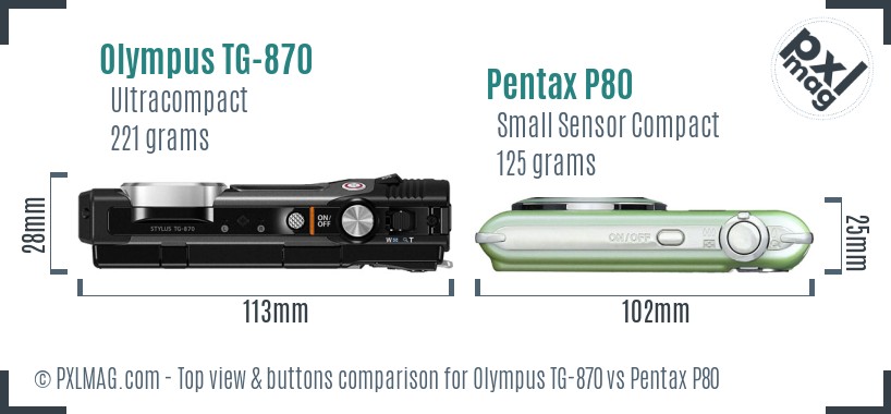 Olympus TG-870 vs Pentax P80 top view buttons comparison