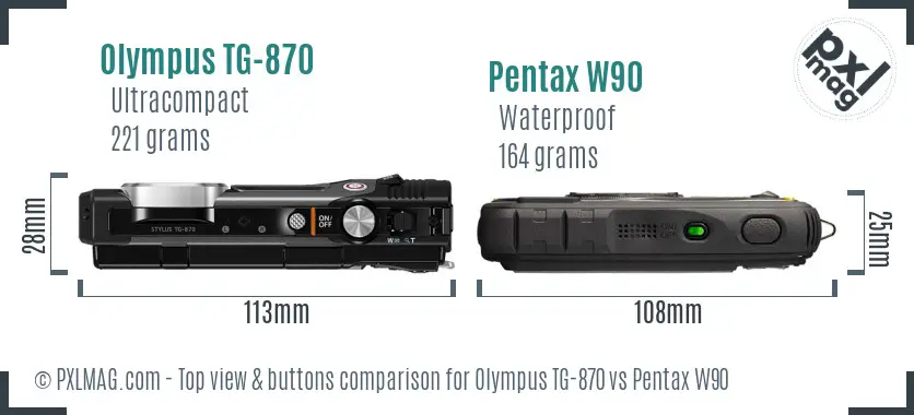 Olympus TG-870 vs Pentax W90 top view buttons comparison