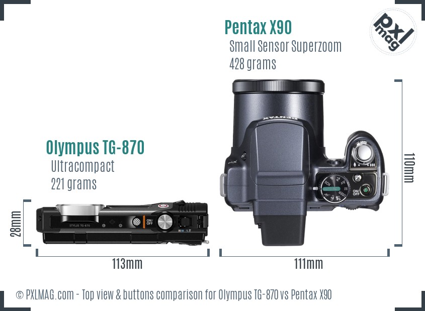 Olympus TG-870 vs Pentax X90 top view buttons comparison