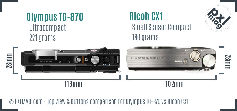 Olympus TG-870 vs Ricoh CX1 top view buttons comparison