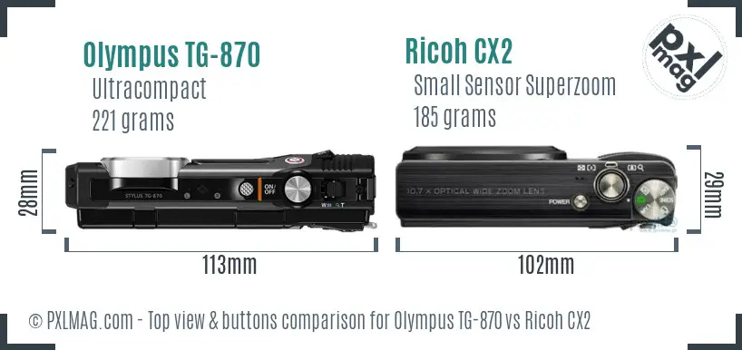 Olympus TG-870 vs Ricoh CX2 top view buttons comparison