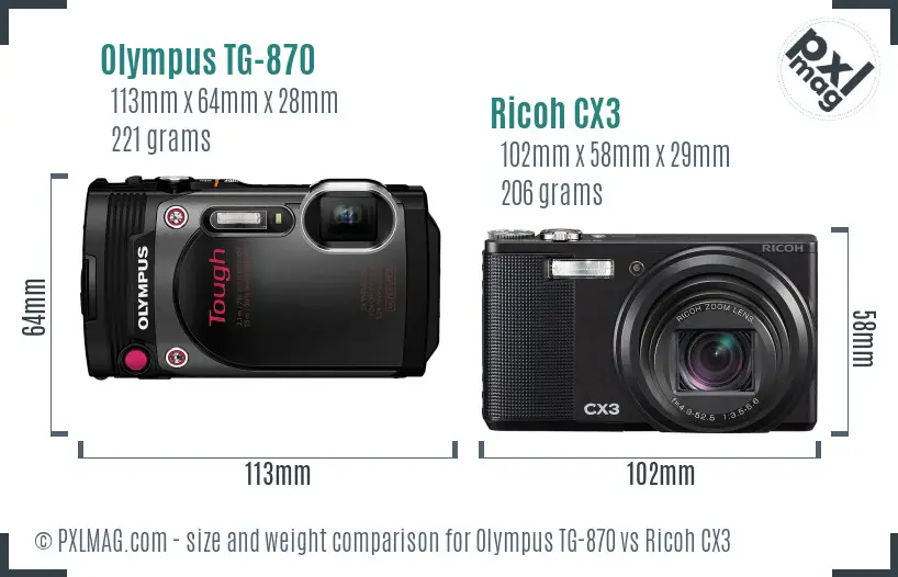 Olympus TG-870 vs Ricoh CX3 size comparison