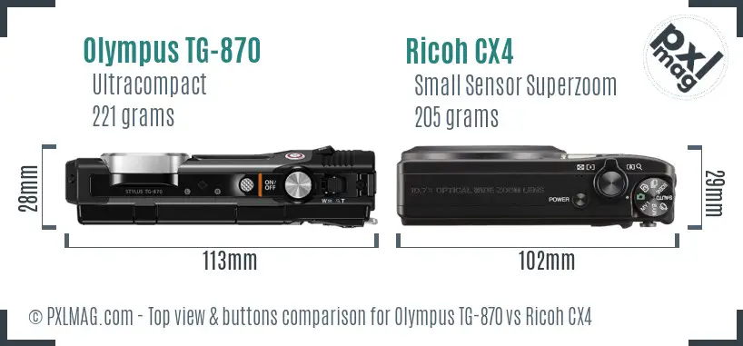 Olympus TG-870 vs Ricoh CX4 top view buttons comparison Olympus TG-870 vs Ricoh CX4 top view buttons comparison