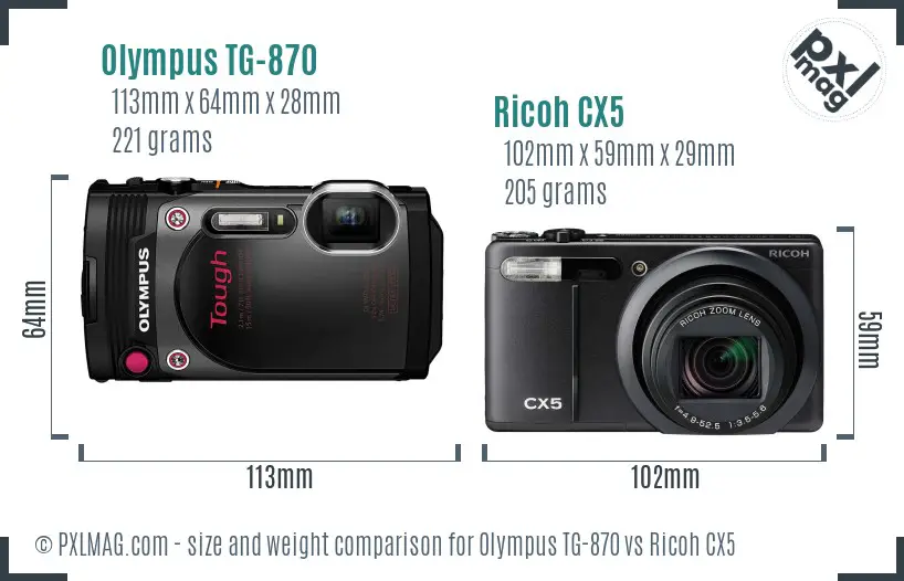Olympus TG-870 vs Ricoh CX5 size comparison