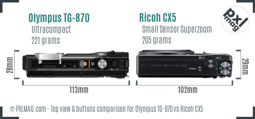 Olympus TG-870 vs Ricoh CX5 top view buttons comparison