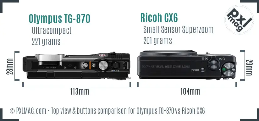 Olympus TG-870 vs Ricoh CX6 top view buttons comparison Olympus TG-870 vs Ricoh CX6 top view buttons comparison