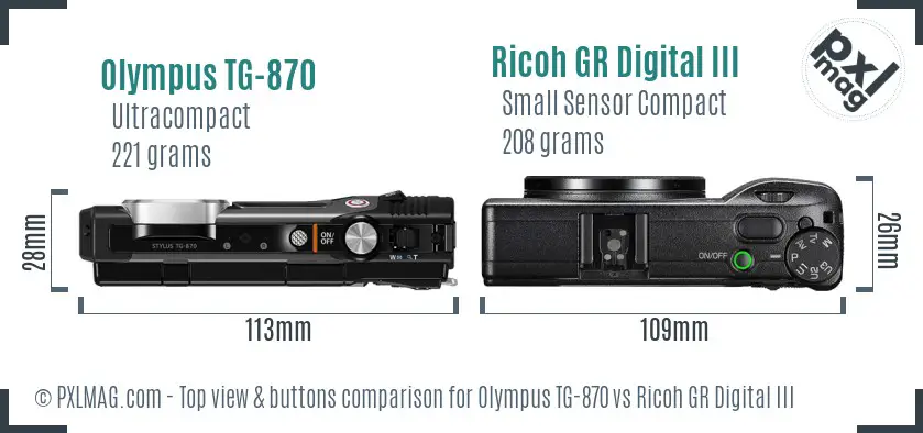 Olympus TG-870 vs Ricoh GR Digital III top view buttons comparison