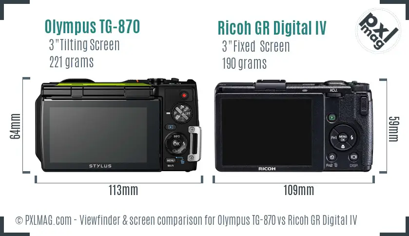 Olympus TG-870 vs Ricoh GR Digital IV Screen and Viewfinder comparison