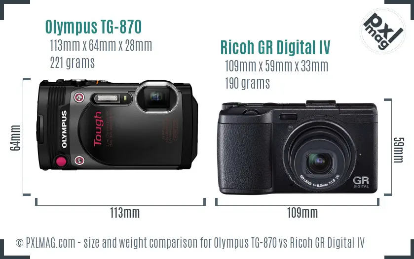 Olympus TG-870 vs Ricoh GR Digital IV size comparison