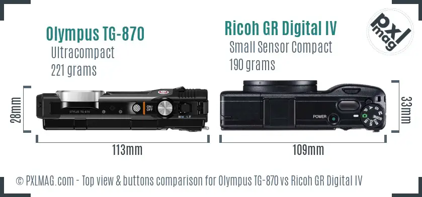 Olympus TG-870 vs Ricoh GR Digital IV top view buttons comparison