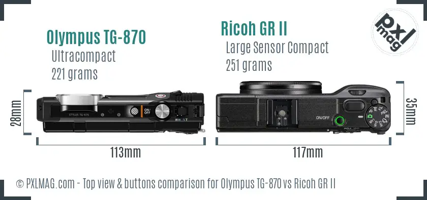 Olympus TG-870 vs Ricoh GR II top view buttons comparison