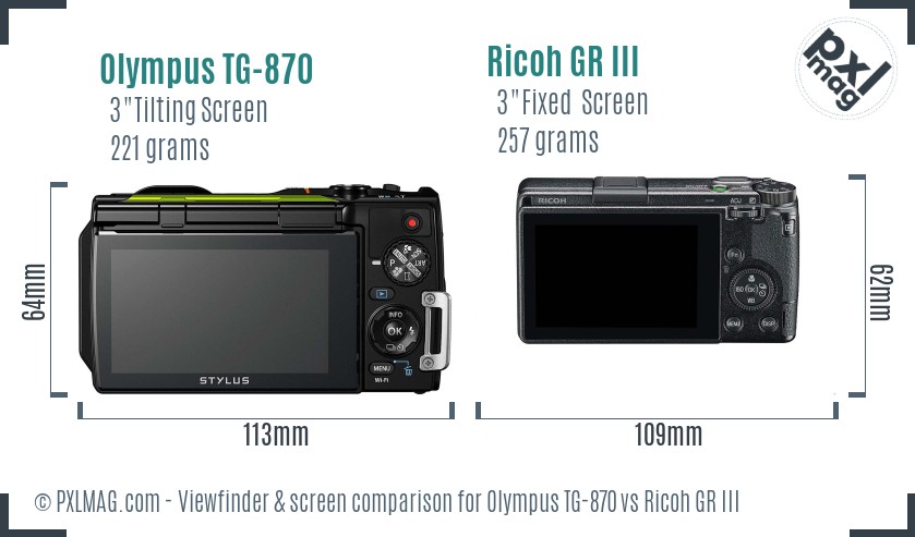 Olympus TG-870 vs Ricoh GR III Screen and Viewfinder comparison
