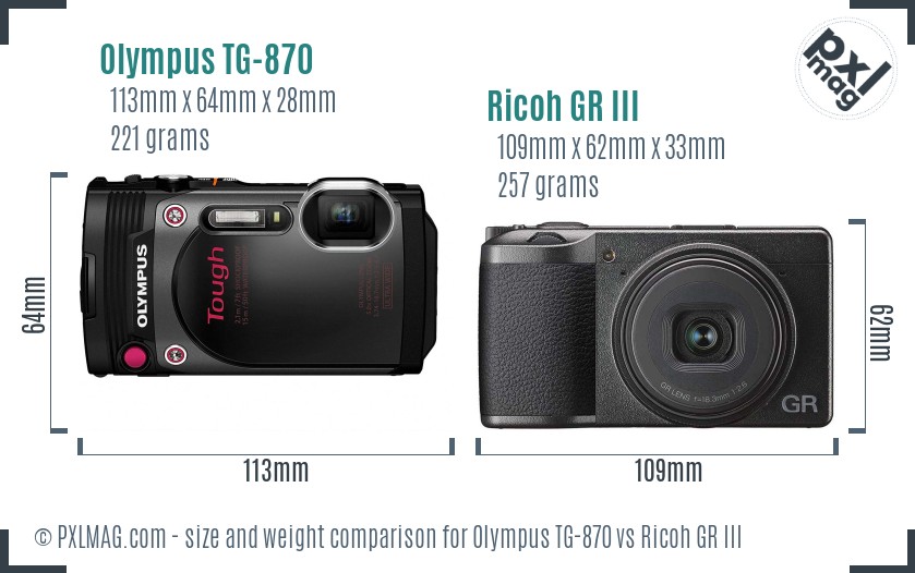 Olympus TG-870 vs Ricoh GR III size comparison