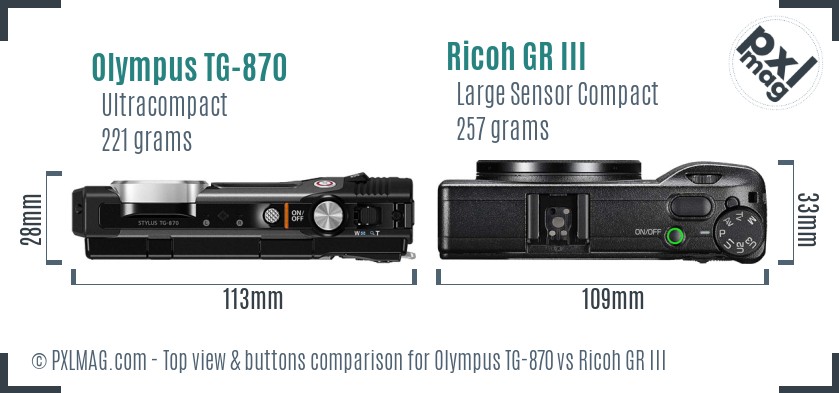 Olympus TG-870 vs Ricoh GR III top view buttons comparison