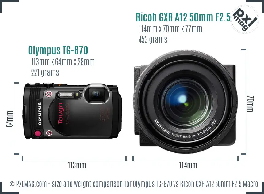 Olympus TG-870 vs Ricoh GXR A12 50mm F2.5 Macro size comparison