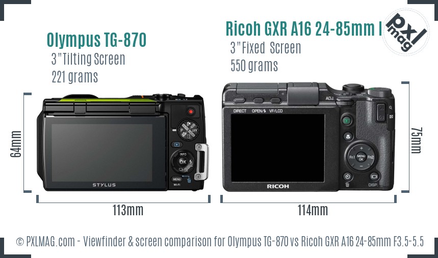 Olympus TG-870 vs Ricoh GXR A16 24-85mm F3.5-5.5 Screen and Viewfinder comparison