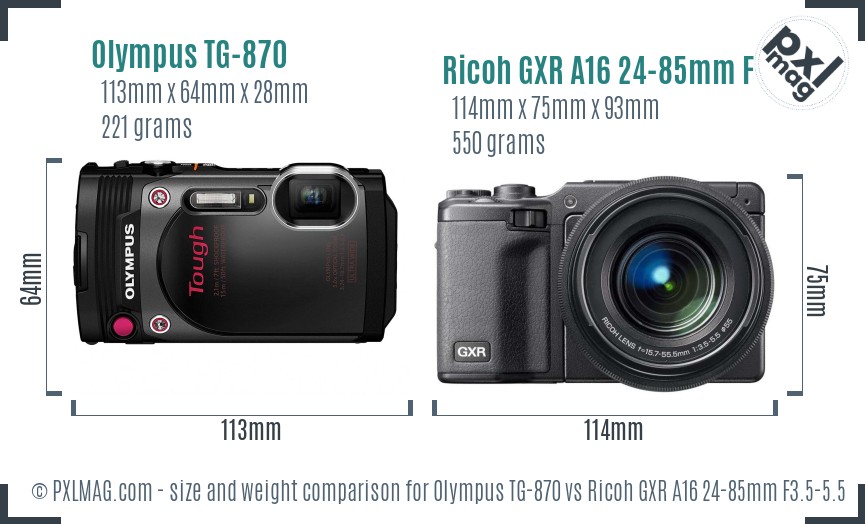 Olympus TG-870 vs Ricoh GXR A16 24-85mm F3.5-5.5 size comparison