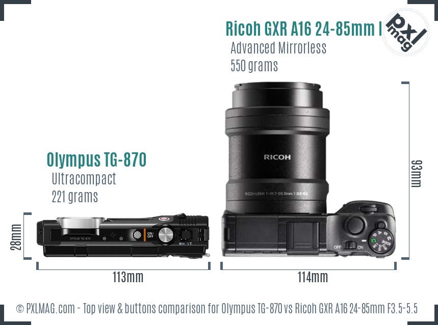 Olympus TG-870 vs Ricoh GXR A16 24-85mm F3.5-5.5 top view buttons comparison
